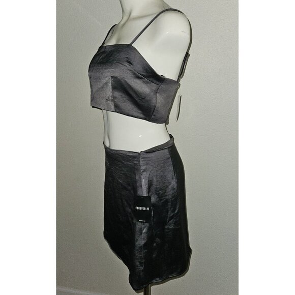 NEW Forever 21 F21 Bustier Crop Top Mini Skirt 2pc Set Gunmetal Gray Size Medium - Picture 3 of 16